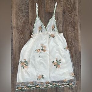 Ivory Floral Embroidered Lace Slip Dress Cottagecore Fairycore Sheer Size L